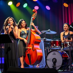 A vibrant female jazz band performing together on stage