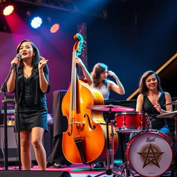 A vibrant female jazz band performing together on stage