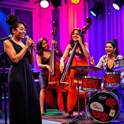 A vibrant female jazz band performing together on stage