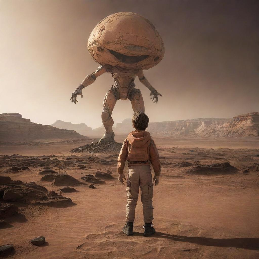 The boy, image alight with victory, stands triumphant over the alien creature - evidence of his win. The Martian landscape serves as an epic backdrop to this victorious moment.