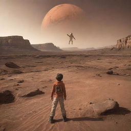 The boy, image alight with victory, stands triumphant over the alien creature - evidence of his win. The Martian landscape serves as an epic backdrop to this victorious moment.