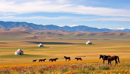 A breathtaking Mongolian landscape featuring vast rolling hills, expansive grasslands, and a clear blue sky