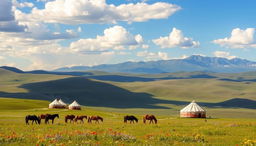 A breathtaking Mongolian landscape featuring vast rolling hills, expansive grasslands, and a clear blue sky