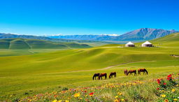 A breathtaking Mongolian landscape featuring vast rolling hills, expansive grasslands, and a clear blue sky