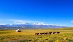 A breathtaking Mongolian landscape featuring vast rolling hills, expansive grasslands, and a clear blue sky