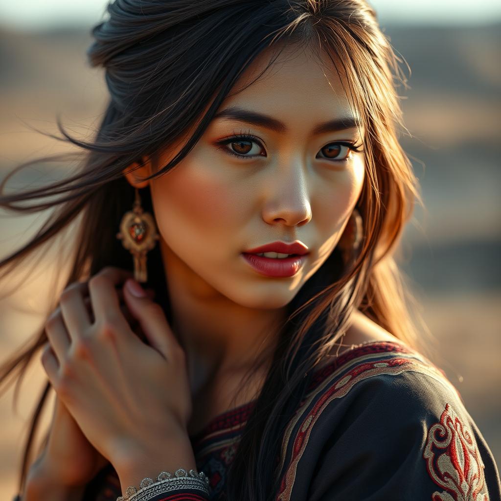 A stunning Mongolian woman with captivating features, dressed in traditional attire that accentuates her figure