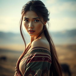 A stunning Mongolian woman with captivating features, dressed in traditional attire that accentuates her figure