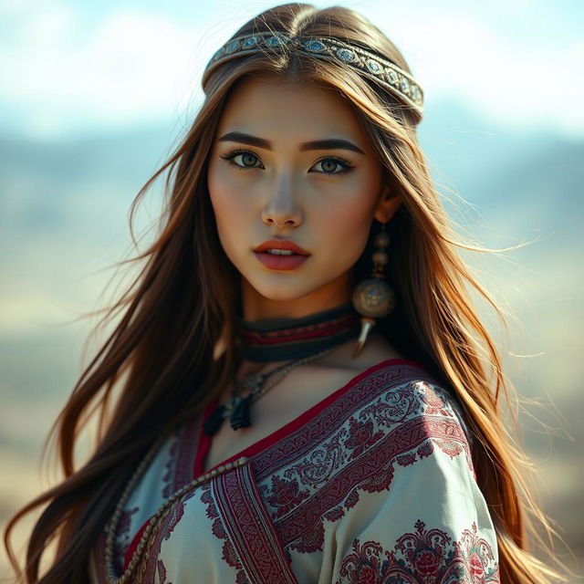 A stunning Mongolian woman with captivating features, dressed in traditional attire that accentuates her figure