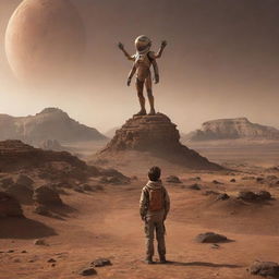 The boy, image alight with victory, stands triumphant over the alien creature - evidence of his win. The Martian landscape serves as an epic backdrop to this victorious moment.