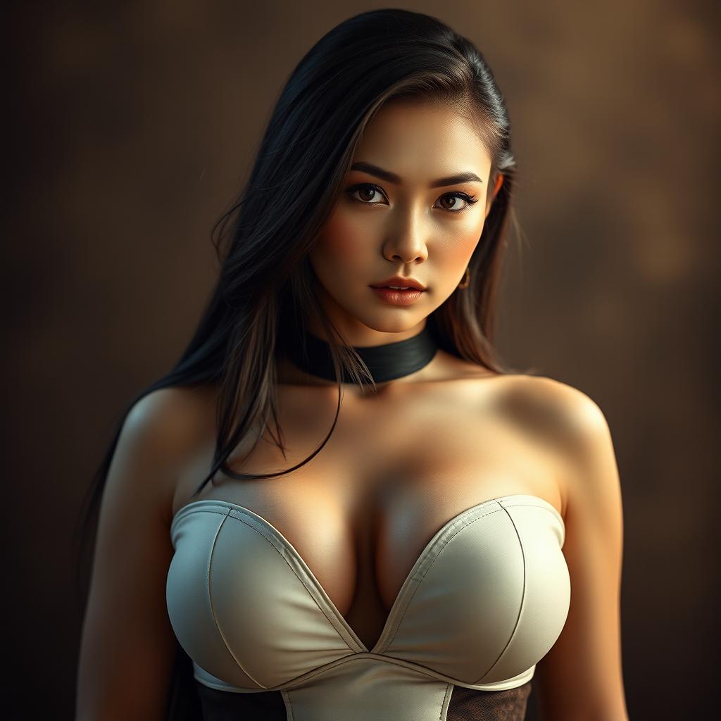 An alluring Mongolian woman with striking features, prominently displaying her very big breasts in a stylish, form-fitting outfit that accentuates her figure