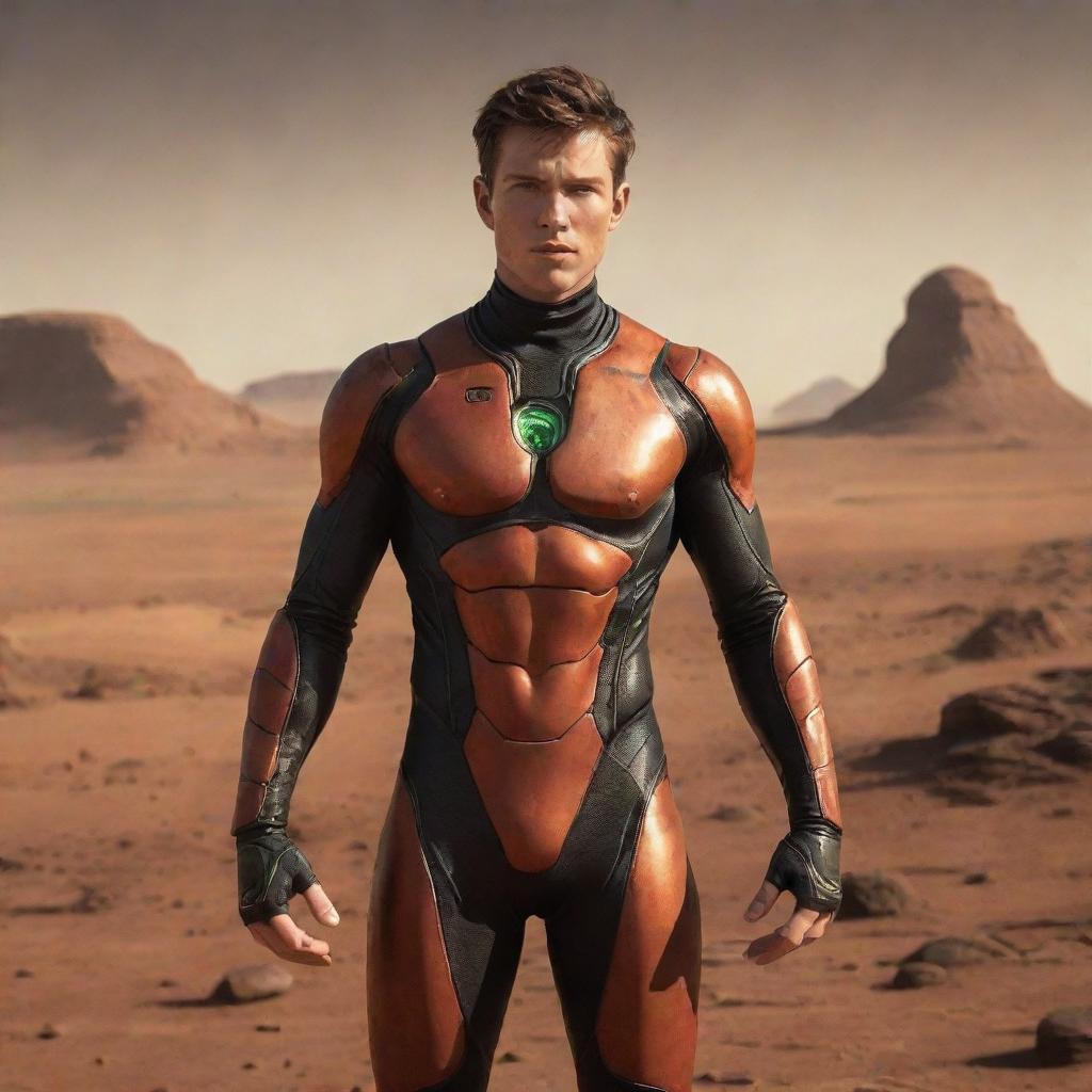 The victorious boy, surrounded by Martian landscapes, transformationally morphs into a grown, confident man while maintaining his flame-lit aura - a symbol of his enduring spirit.