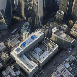 A daytime aerial view of a SWAT premises located in the heart of a bustling central business district, awash with the activity of the surrounding skyscrapers and busy streets.