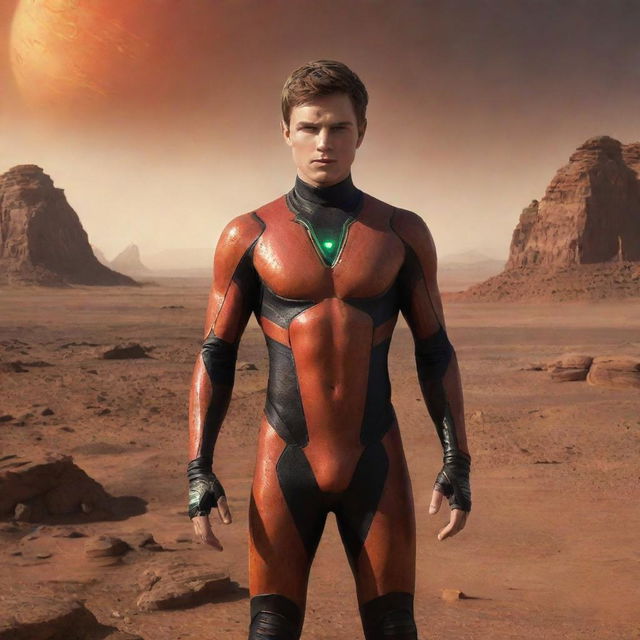 The victorious boy, surrounded by Martian landscapes, transformationally morphs into a grown, confident man while maintaining his flame-lit aura - a symbol of his enduring spirit.