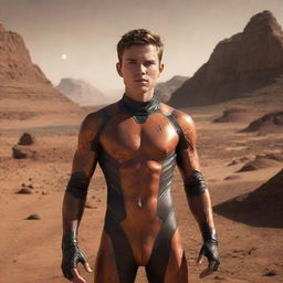 The victorious boy, surrounded by Martian landscapes, transformationally morphs into a grown, confident man while maintaining his flame-lit aura - a symbol of his enduring spirit.