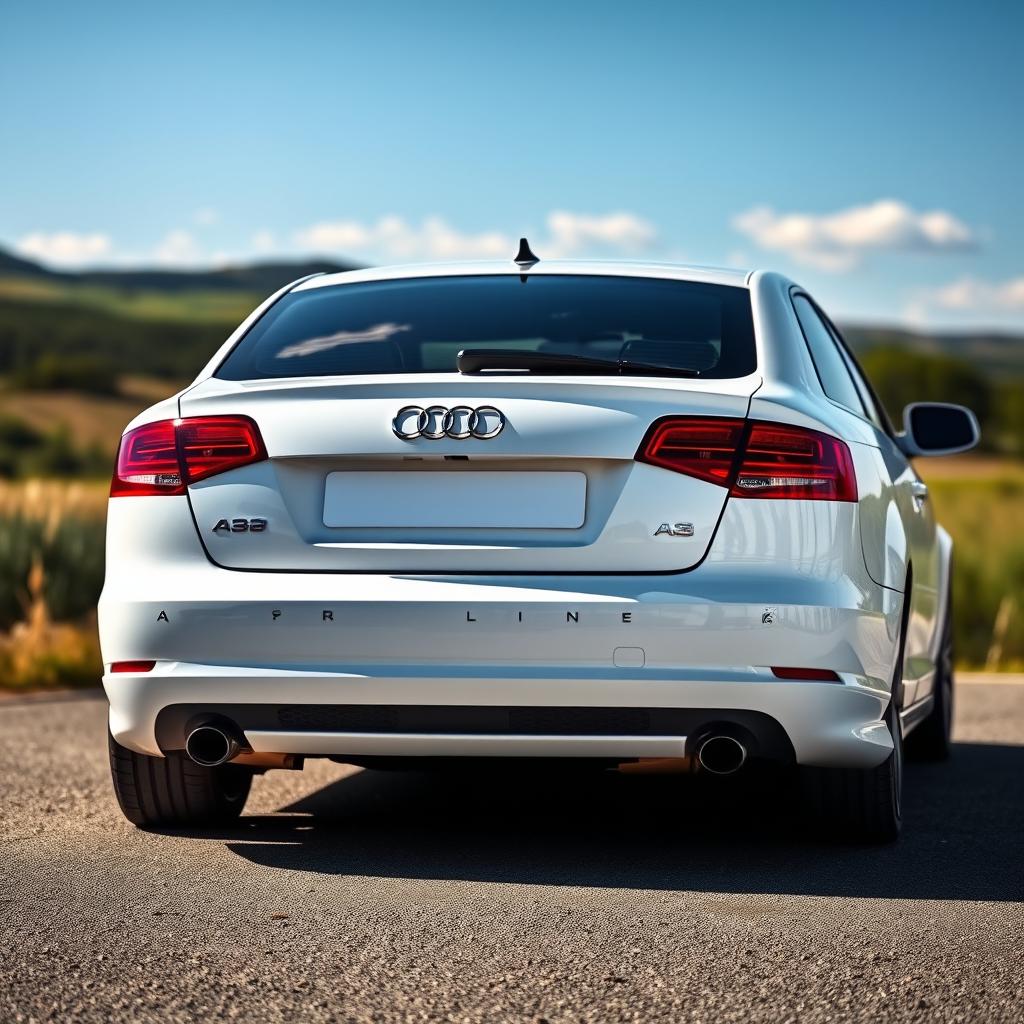 A rear view of a white 2008 Audi A3 8P S-Line in a picturesque outdoor setting, showcasing its sleek and sporty design