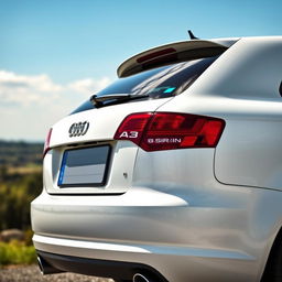 A rear view of a white 2008 Audi A3 8P S-Line in a picturesque outdoor setting, showcasing its sleek and sporty design