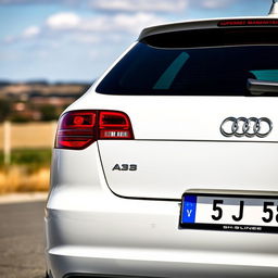 A rear view of a white 2008 Audi A3 8P S-Line in a picturesque outdoor setting, showcasing its sleek and sporty design