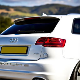 A rear view of a white 2008 Audi A3 8P S-Line in a picturesque outdoor setting, showcasing its sleek and sporty design