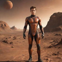 The victorious boy, surrounded by Martian landscapes, transformationally morphs into a grown, confident man while maintaining his flame-lit aura - a symbol of his enduring spirit.