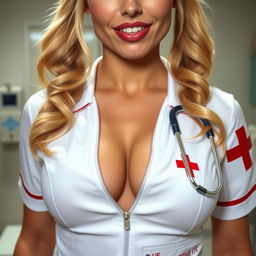 A close-up shot focusing on the chest and torso of a stunning female nurse with blonde pigtails