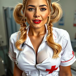 A close-up shot focused on a gorgeous female nurse with blonde pigtails, wearing a slightly unzipped white nurse uniform adorned with a red cross