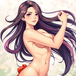 An anime-style illustration of a beautiful, confident woman, striking a bold and artistic pose, with intricate details in her flowing long hair and vibrant colors