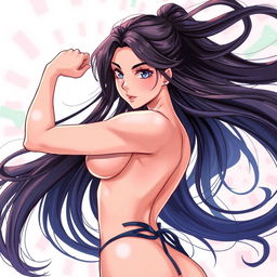 An anime-style illustration of a beautiful, confident woman, striking a bold and artistic pose, with intricate details in her flowing long hair and vibrant colors