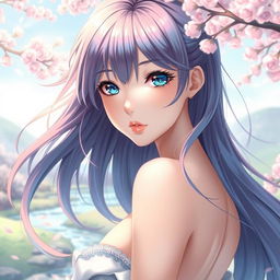 A beautiful anime-style woman, elegantly posed with an artistic flair, featuring intricate details like flowing hair, captivating facial expressions, and a serene environment