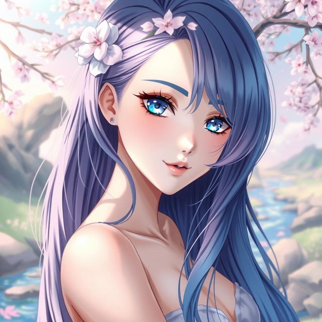 A beautiful anime-style woman, elegantly posed with an artistic flair, featuring intricate details like flowing hair, captivating facial expressions, and a serene environment