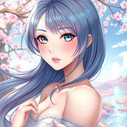 A beautiful anime-style woman, elegantly posed with an artistic flair, featuring intricate details like flowing hair, captivating facial expressions, and a serene environment