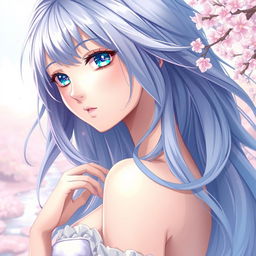 A beautiful anime-style woman, elegantly posed with an artistic flair, featuring intricate details like flowing hair, captivating facial expressions, and a serene environment