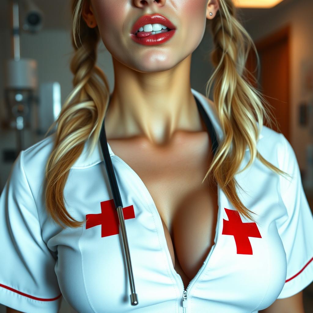 A close-up shot focusing on the chest and torso of a gorgeous female nurse with blonde pigtails