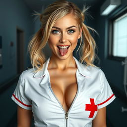 A close-up shot of a gorgeous female nurse in a hospital room