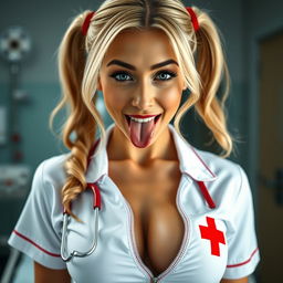 A close-up shot of a gorgeous female nurse in a hospital room