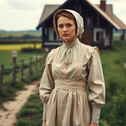 A woman dressed in traditional 1800s Mennonite clothing, embodying a simple and modest lifestyle