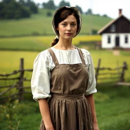 A woman dressed in traditional 1800s Mennonite clothing, embodying a simple and modest lifestyle