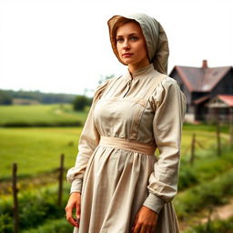 A woman dressed in traditional 1800s Mennonite clothing, embodying a simple and modest lifestyle