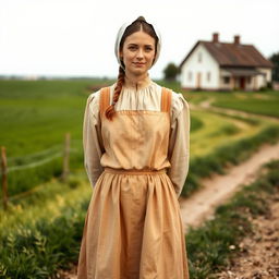 A woman dressed in traditional 1800s Mennonite clothing, embodying a simple and modest lifestyle