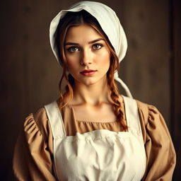 A captivating portrait of a woman dressed in traditional 1800s Mennonite clothing, embodying a unique blend of simplicity and allure