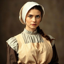 A captivating portrait of a woman dressed in traditional 1800s Mennonite clothing, embodying a unique blend of simplicity and allure