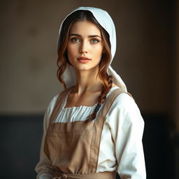 A captivating portrait of a woman dressed in traditional 1800s Mennonite clothing, embodying a unique blend of simplicity and allure