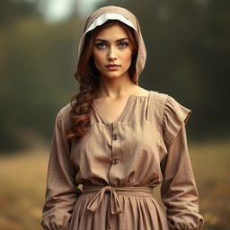 A captivating portrait of a woman dressed in traditional 1800s Mennonite clothing, embodying a unique blend of simplicity and allure