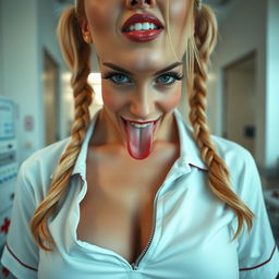 A close-up shot focusing on the upper body of a gorgeous female nurse with blonde pigtails