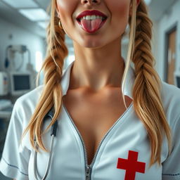 A close-up shot focusing on the upper body of a gorgeous female nurse with blonde pigtails