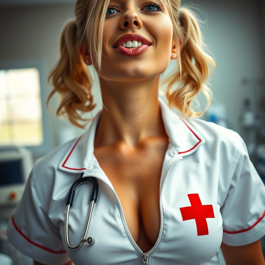 A close-up on a gorgeous female nurse with blonde pigtails, wearing a white nurse uniform featuring a red cross, which is unzipped to reveal her large chest and ample cleavage