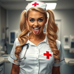 A close-up torso shot of a gorgeous female nurse with blonde pigtails