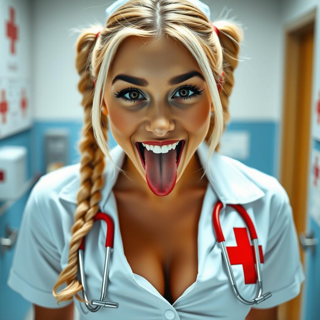 A close-up shot of a gorgeous female with blonde pigtails wearing a white nurse uniform adorned with a red cross, partially unzipped to reveal a large chest and plunging cleavage