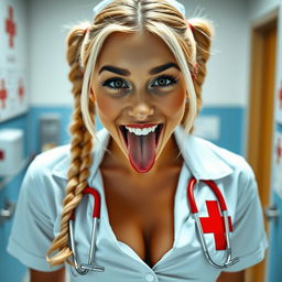 A close-up shot of a gorgeous female with blonde pigtails wearing a white nurse uniform adorned with a red cross, partially unzipped to reveal a large chest and plunging cleavage