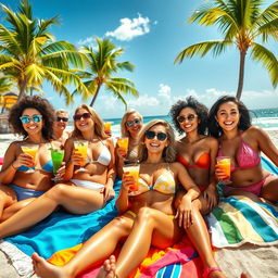 A group of busty women enjoying a sunny beach day, lounging on colorful towels with tropical drinks in hand