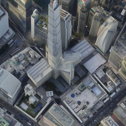 A daytime aerial view of a SWAT premises located in the heart of a bustling central business district, awash with the activity of the surrounding skyscrapers and busy streets.